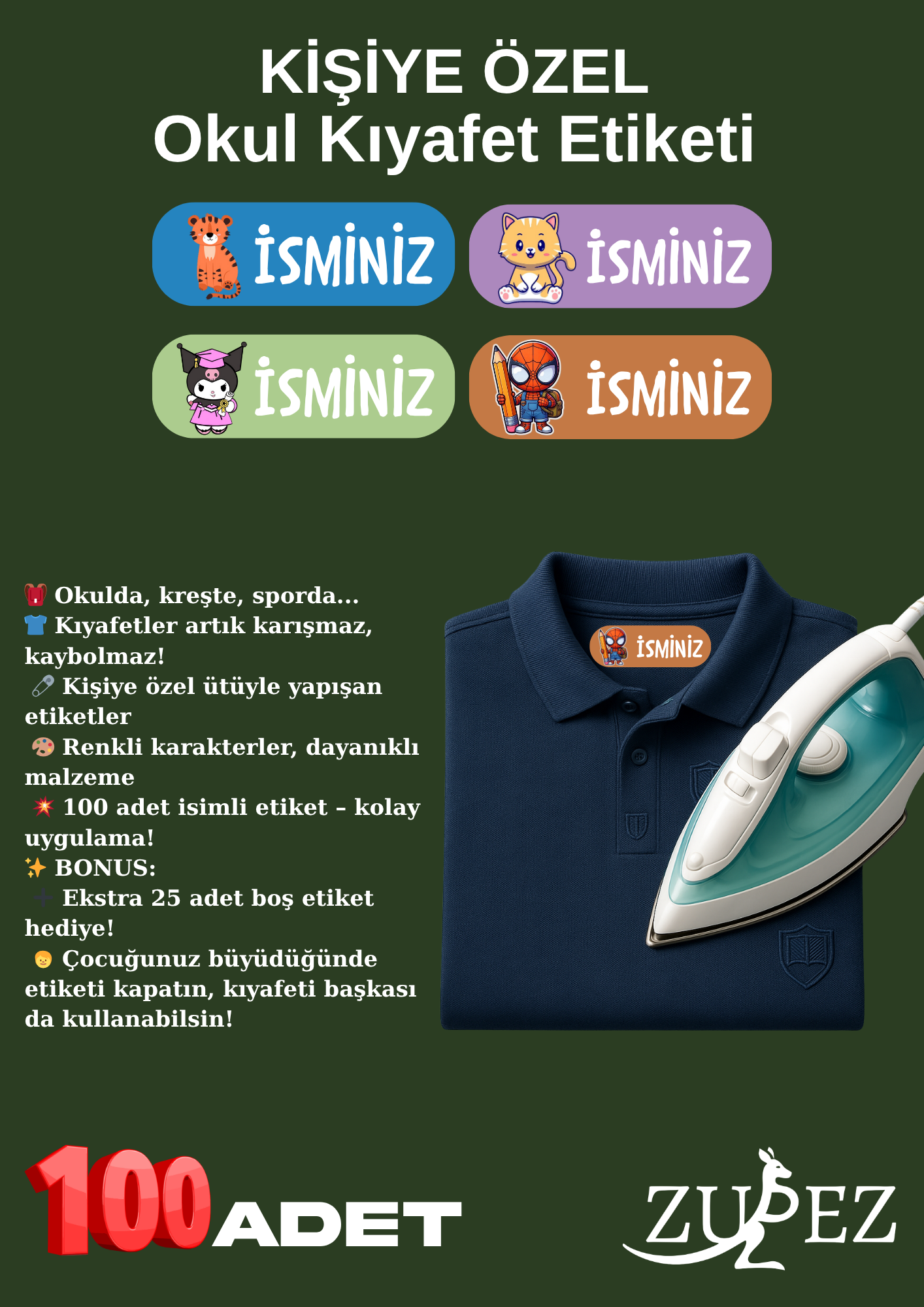 Tekstil Kıyafet Etiketi, Okul , Kreş Kişiye Özel, 100 Adet, Ütü ile Yapışan, Anaokulu, Kaşesi, Kumaş
